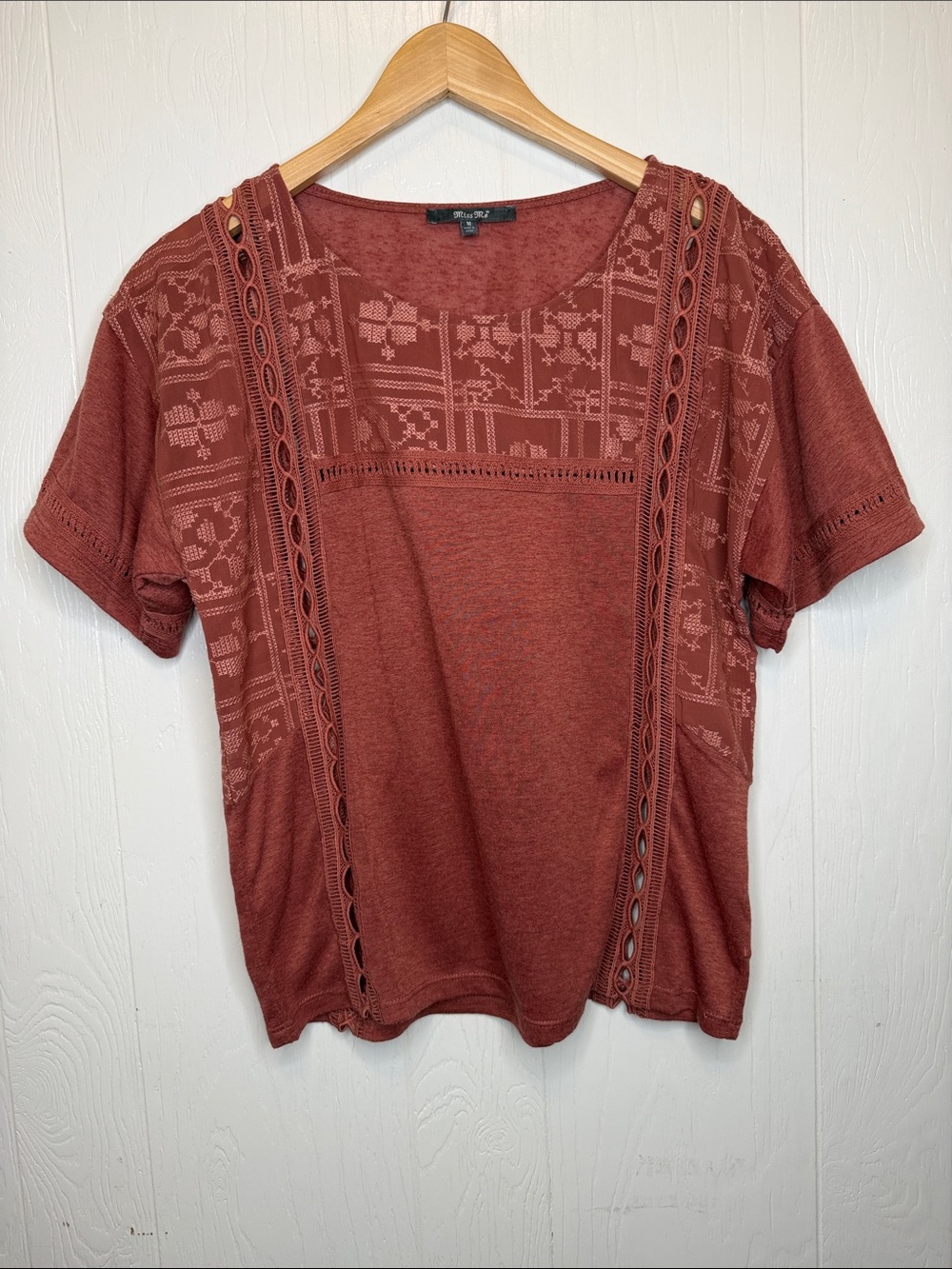 Miss Me Rust Short Sleeve Crochet-Inset Top M